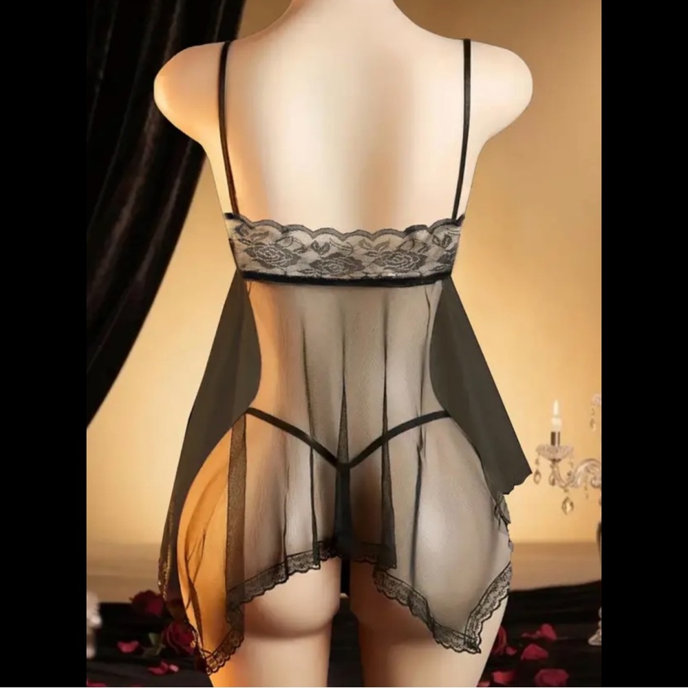 Black, Floral Lace, Sheer, Lingerie Slip - Picture 5 of 7